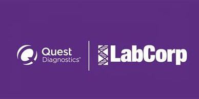 Quest Diagnostics and LabCorp logos on a purple background.