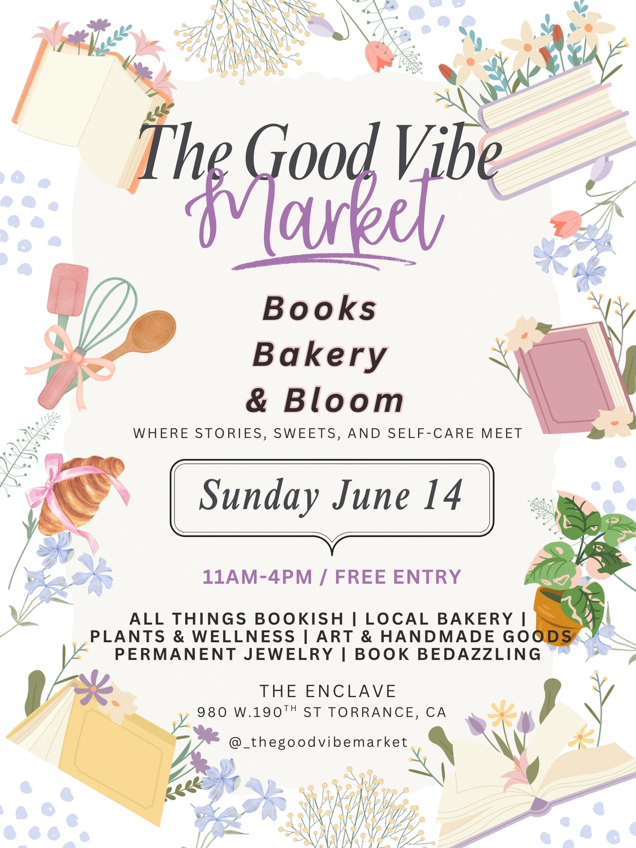 The Good Vibe Market event poster with floral and book illustrations.