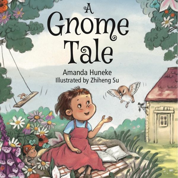 A whimsical book cover showing a girl with a bird and gnomes in a garden.
