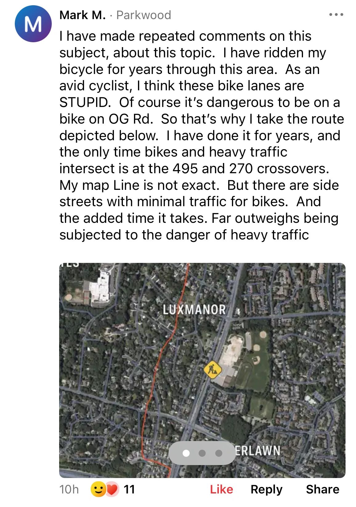 A NextDoor.com discussion thread went a blaze on the topic of extra wide bike lanes on Old Georgetown Road, and the majority of the comments like the petition tally opposed what has been installed. (Screenshot of this posted comment used with permission).