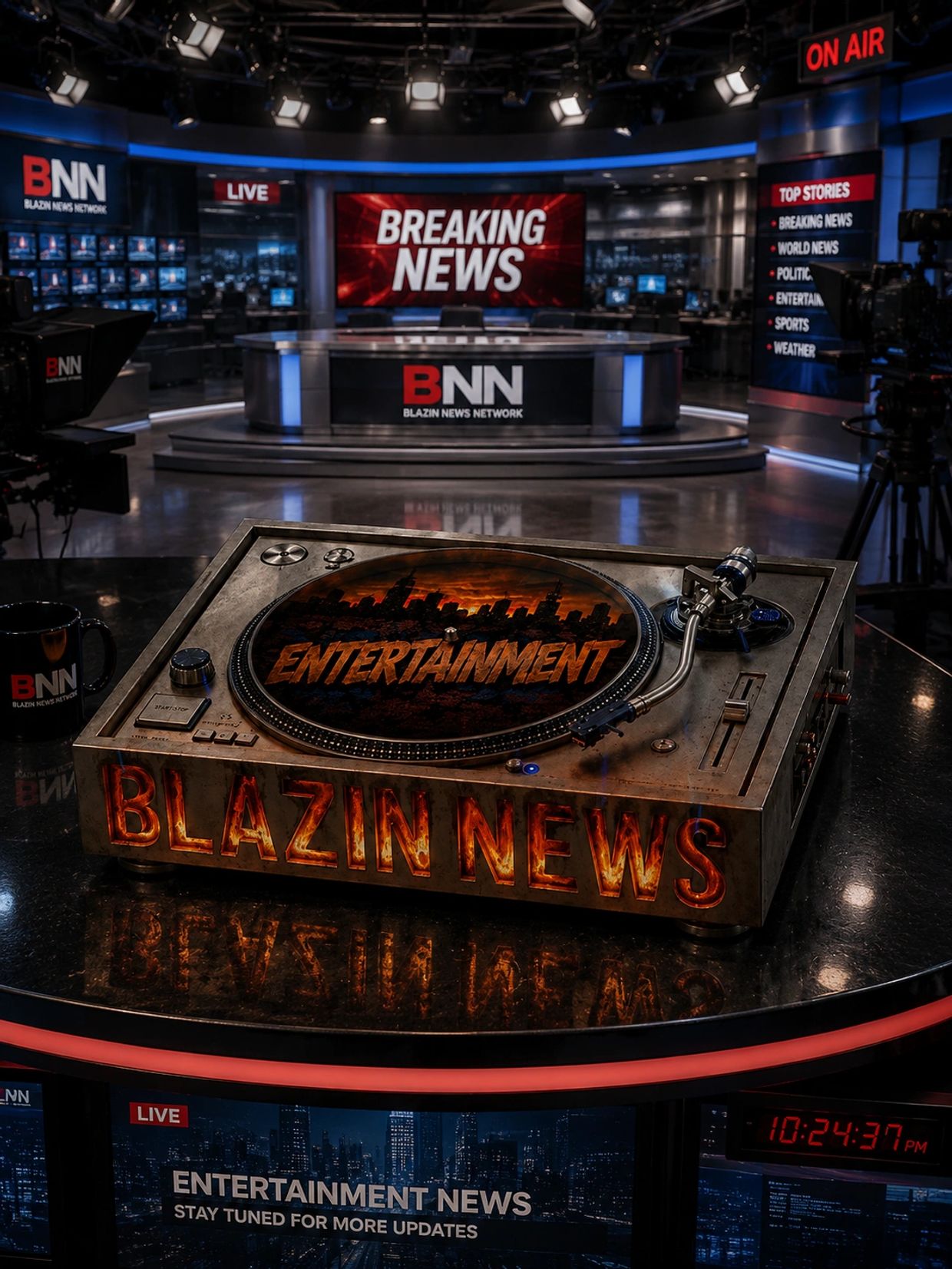 News studio with entertainment-focused turntable and breaking news displays.