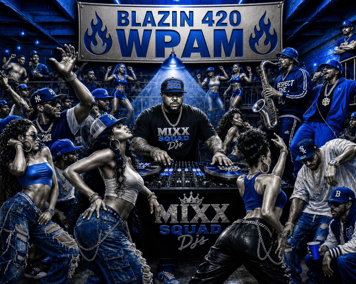 Vibrant party scene with DJ and crowd in blue tone.