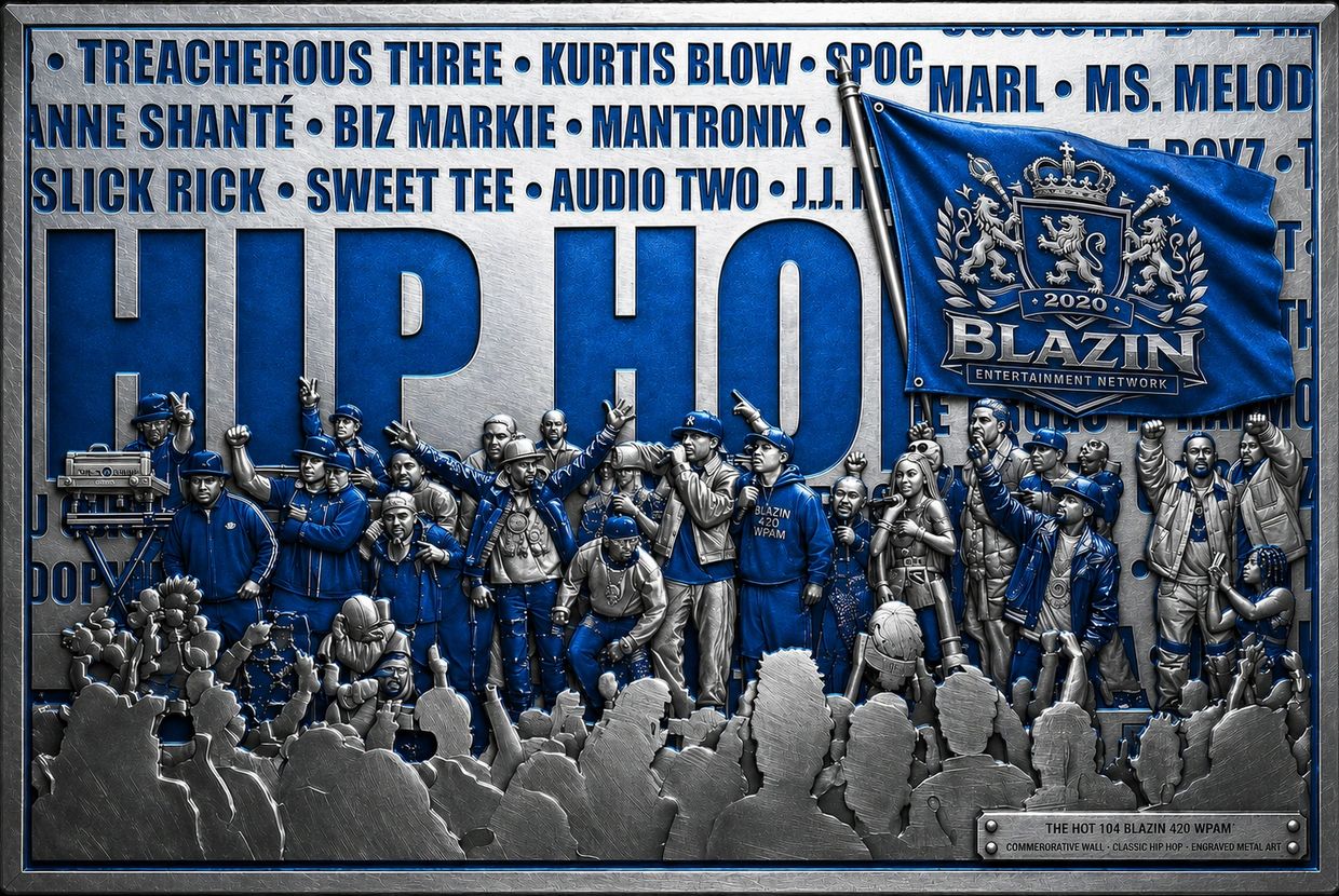 Engraved hip hop mural with artists and a flag.