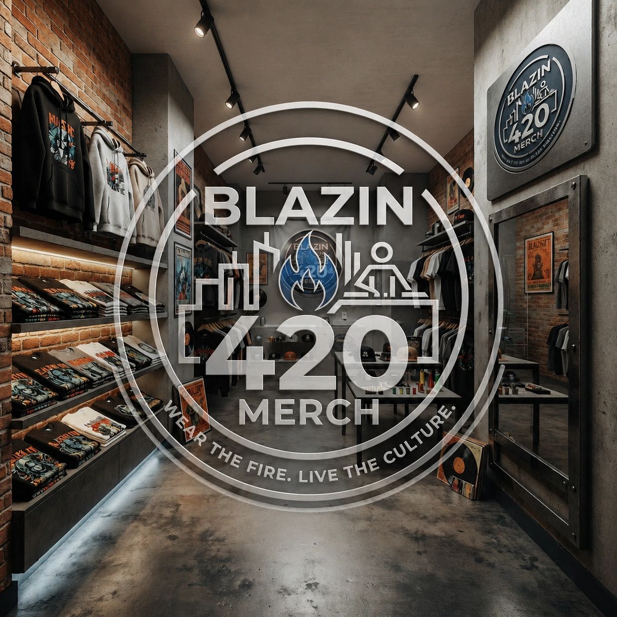 Urban clothing store interior with a brick wall and trendy merchandise.