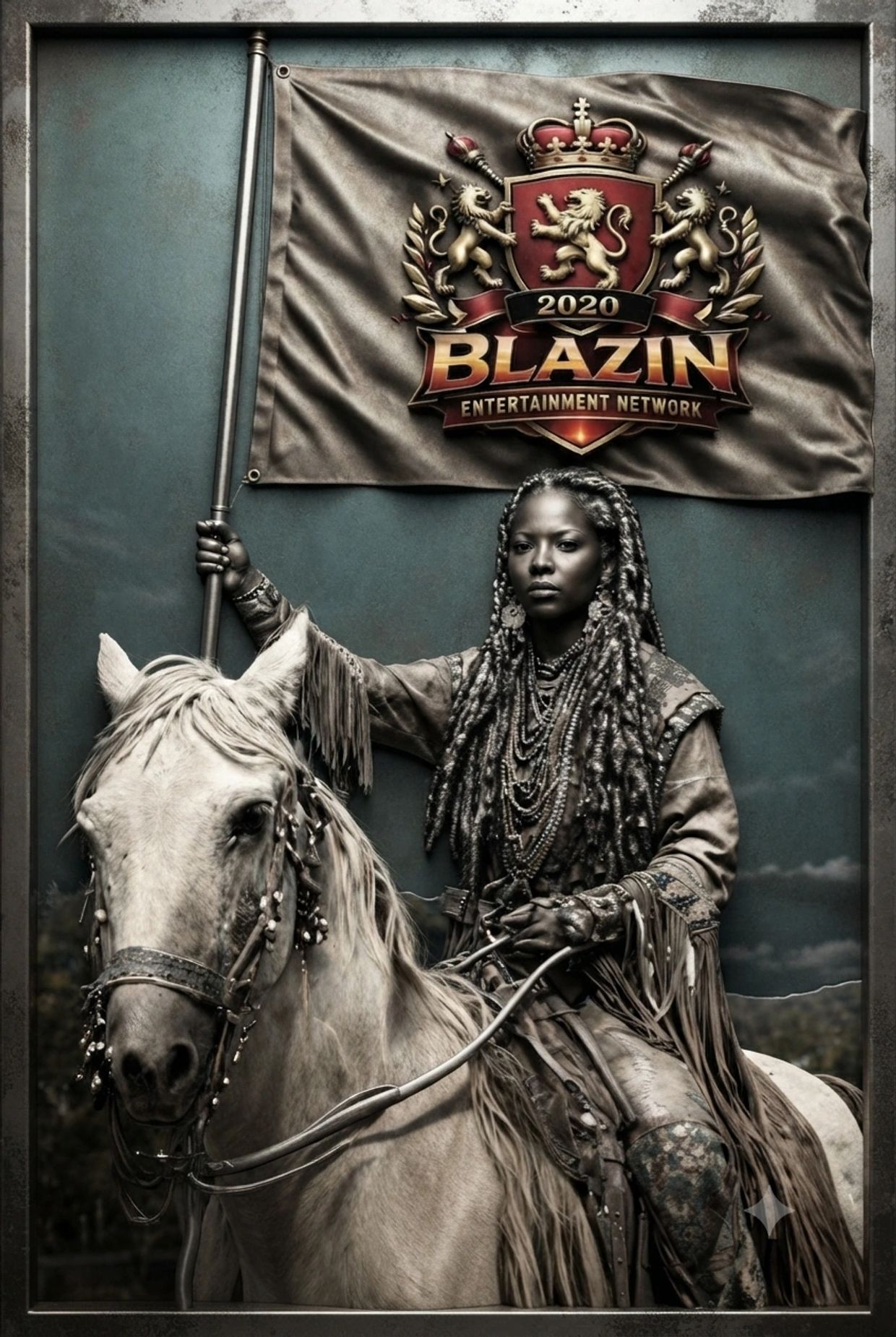 Person with dreadlocks on a horse holding a flag with Blazin logo.