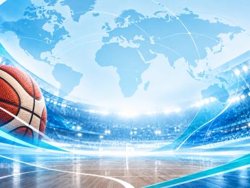 Basketball on court with world map background.