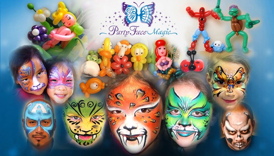 Party Face Magic's main collage image of face paintings and balloon twistings for the website.