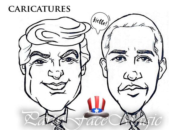 Party Face Magic Caricature drawing of Trump & Obama.