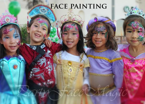 Party Face Magic princess face painting of five little girls.