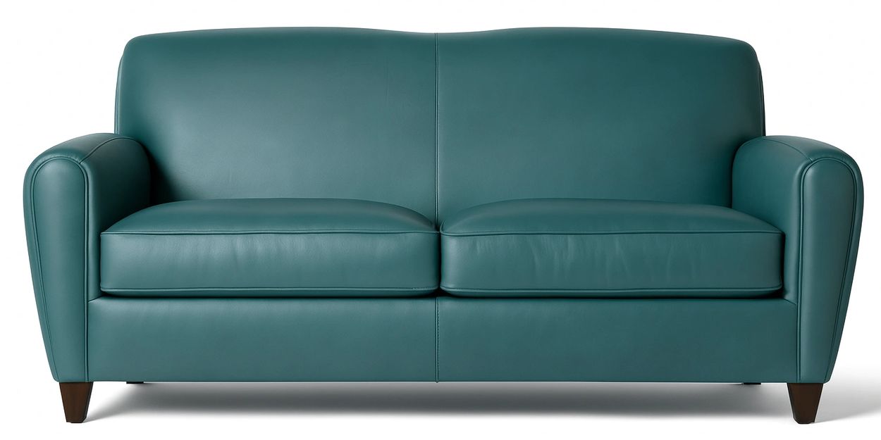 Teal leather loveseat with wooden legs on white background.