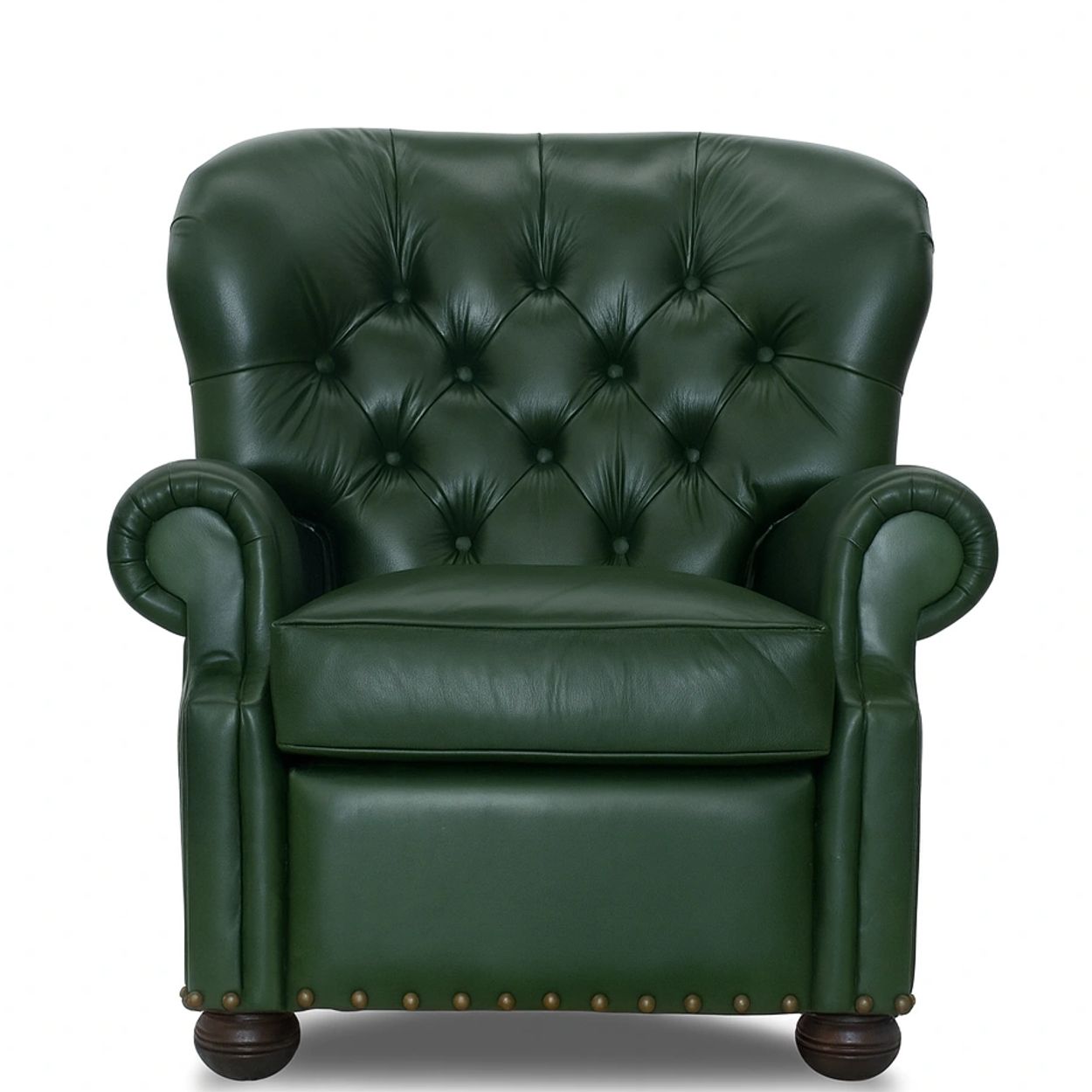 Classic dark green leather armchair with tufted back and rolled arms.