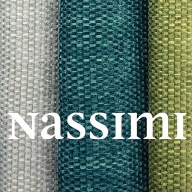 Close-up of colorful woven fabric rolls with the text 'Nassimi' overlayed.