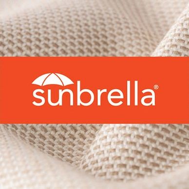 Sunbrella logo on textured beige fabric background.