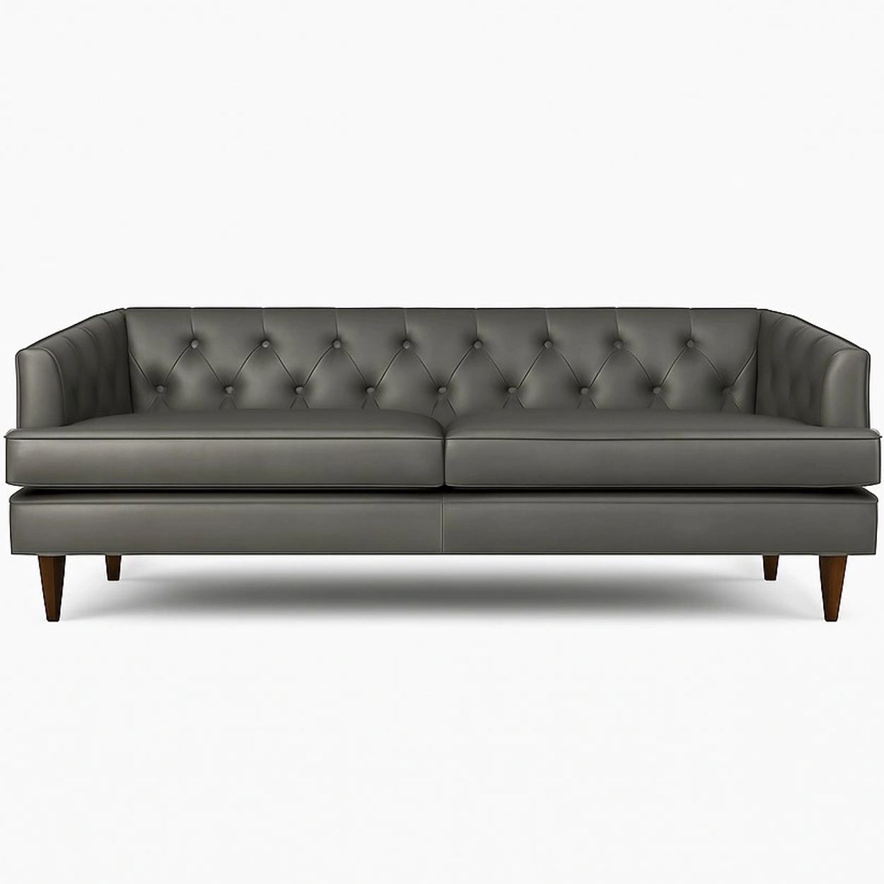 Elegant dark gray leather sofa with tufted back and wooden legs.