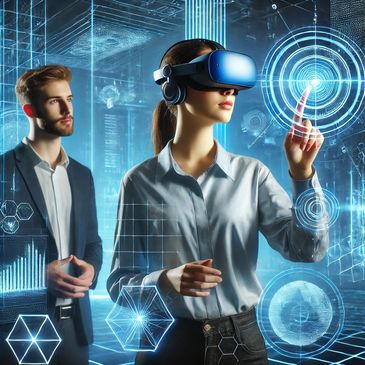 Female using Virtual Reality headset and male observes