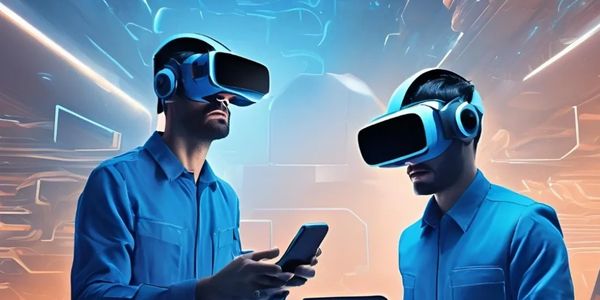 Two people using Virtual reality mixed reality headsets while checking tablet and smartphone