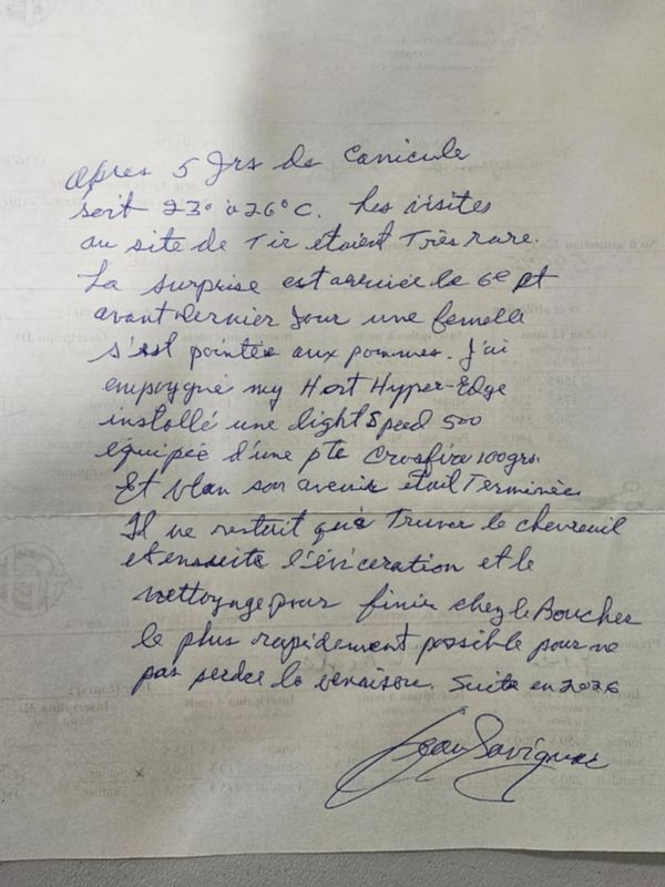 Handwritten French note about temperature and hunting observations signed by Jean Savignac.