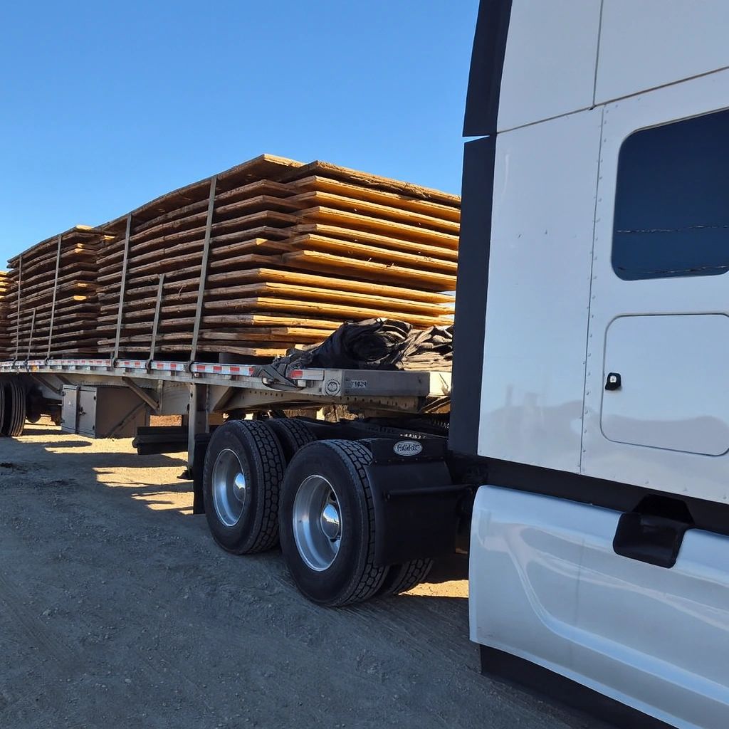 Flatbed truck loaded with stacked wooden planks under clear blue sky.