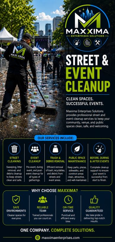 Maxxima Enterprises: professional street and event cleanup services.