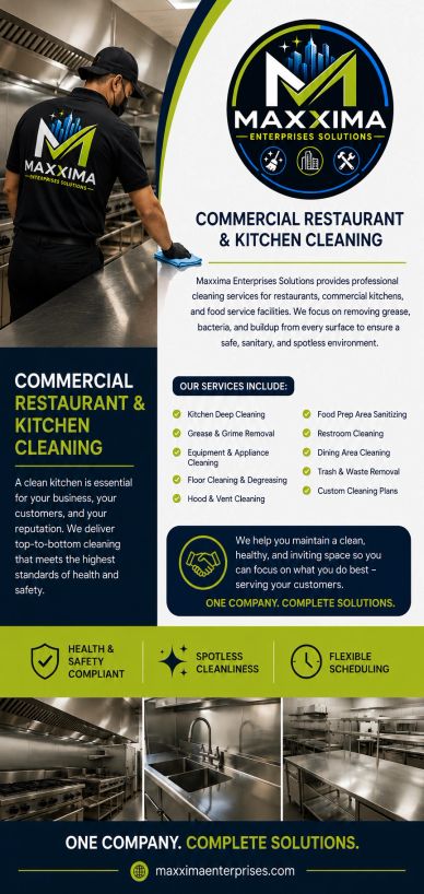 Commercial restaurant and kitchen cleaning services by Maxxima Enterprises.