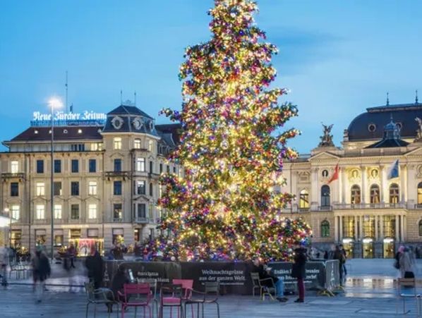 A large Christmas tree illuminated with colorful lights in a city square at dusk.