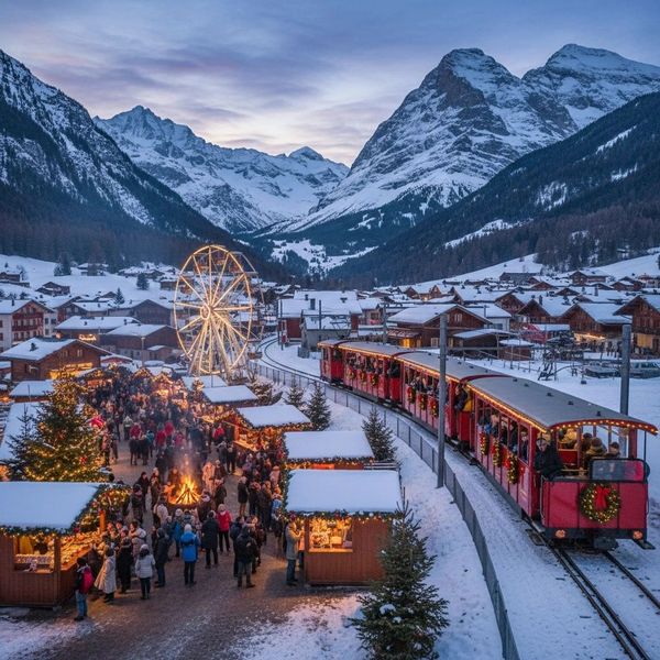 Festive winter market with lit cabins, a Ferris wheel, and a red train against snowy mountains.