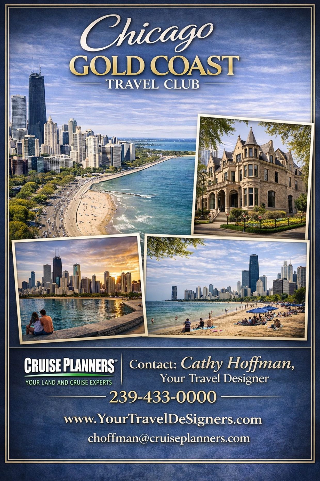 Chicago Gold Coast Travel Club flyer with city and beach images.