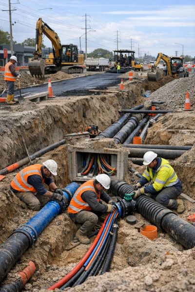 Workers installing underground pipes and cables at a construction site.
