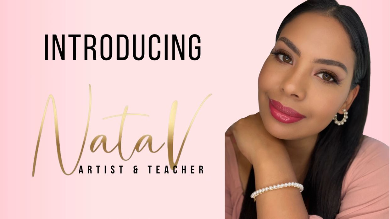 Portrait of Nata V, artist and teacher, with styled makeup and pearl accessories.