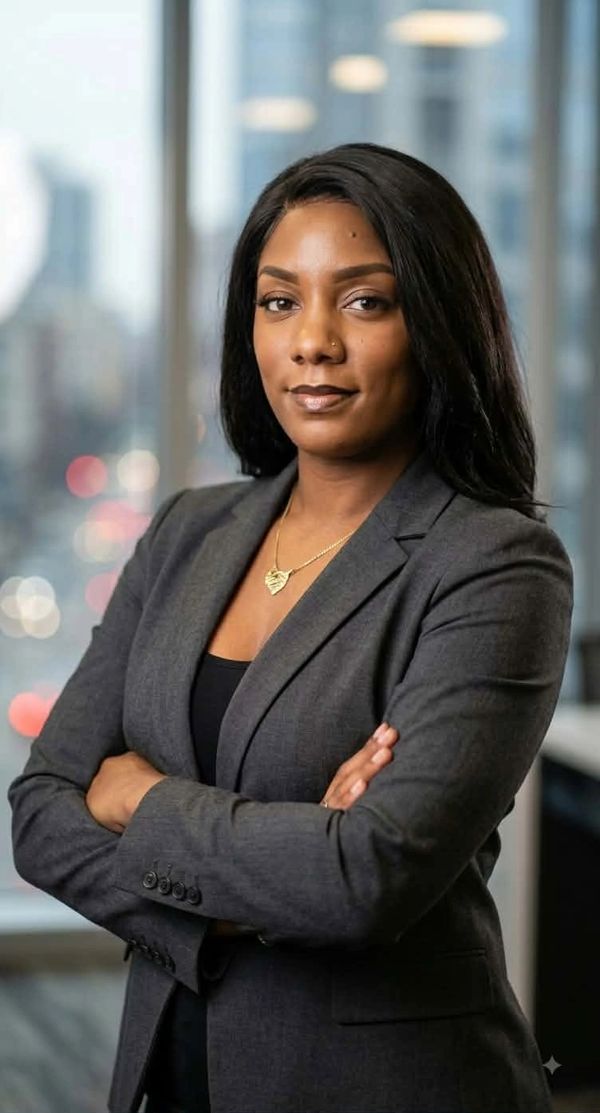 Confident woman in business attire with arms crossed.