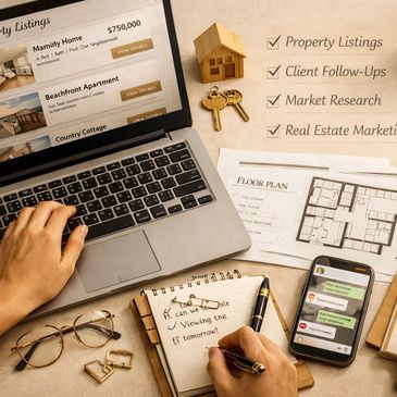 Person working on real estate tasks with laptop and notes.