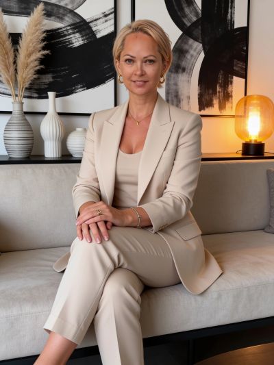 Confident woman in beige suit sitting on a sofa.