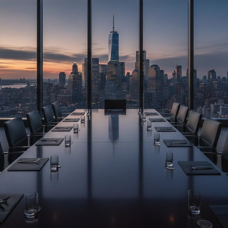 Modern conference room with a city skyline view at sunset.