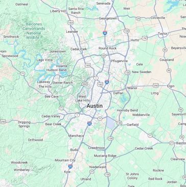 Map showing Austin and surrounding Texas towns and highways.