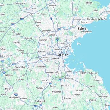 Map showing Boston and surrounding towns in Massachusetts.