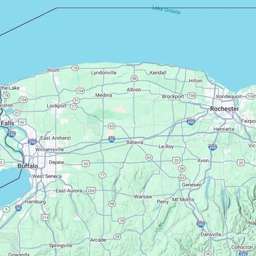 Map showing Buffalo, Rochester, and surrounding towns in western New York.