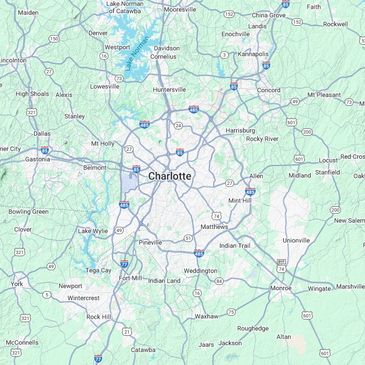 Map showing Charlotte and surrounding areas in North Carolina.