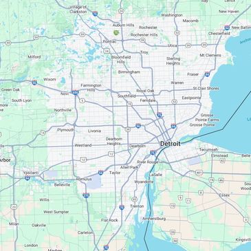Map showing Detroit and surrounding cities in Michigan.