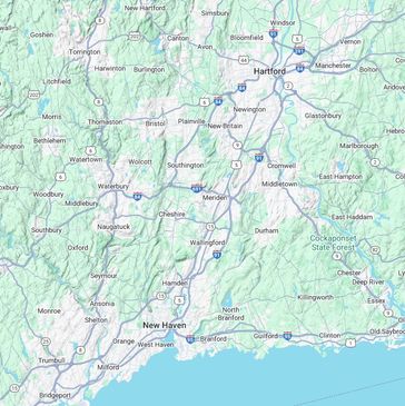 Map showing cities and towns in Connecticut, including Hartford and New Haven.