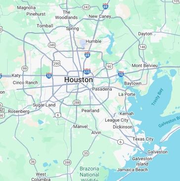 Map showing Houston and surrounding cities in Texas.