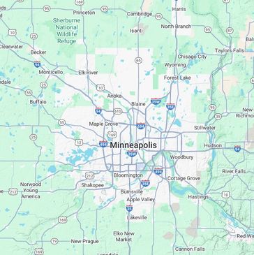 Map showing Minneapolis and surrounding cities with highways and landmarks.