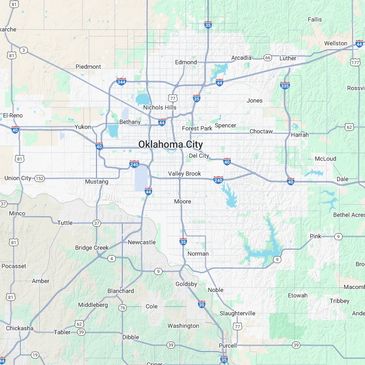 Map showing Oklahoma City and surrounding areas with highways and cities.