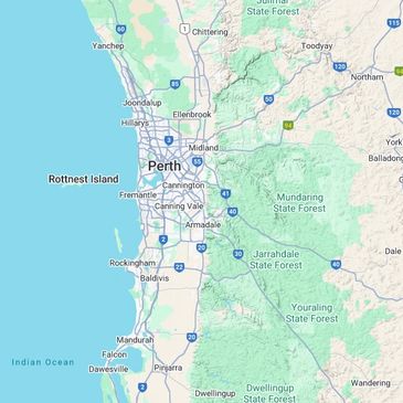 Map showing Perth and surrounding areas in Western Australia.