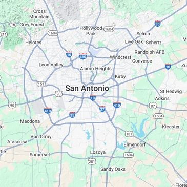 Map showing San Antonio and surrounding areas with highways and neighborhoods.