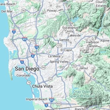 Map showing San Diego and surrounding areas with major roads and landmarks.