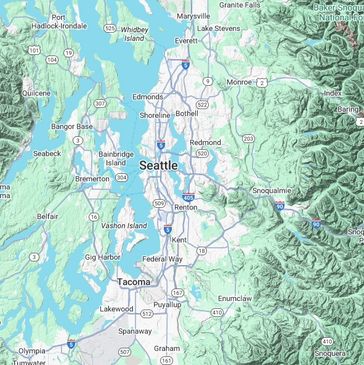 Map showing Seattle and nearby cities in Washington with geographical features.