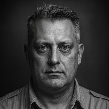 Black and white portrait of a serious middle-aged man.