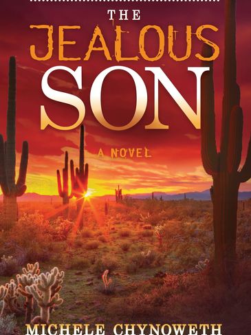 Book cover for 'Jealous Son' featuring a desert sunset with cacti.