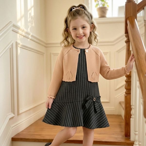 Elegant girls' pinstripe dress with soft peach knit cardigan. Perfect for special occasions.