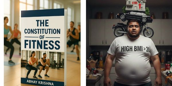 Book cover titled 'The Constitution of Fitness' by Abhay Krishna with people exercising in the background.